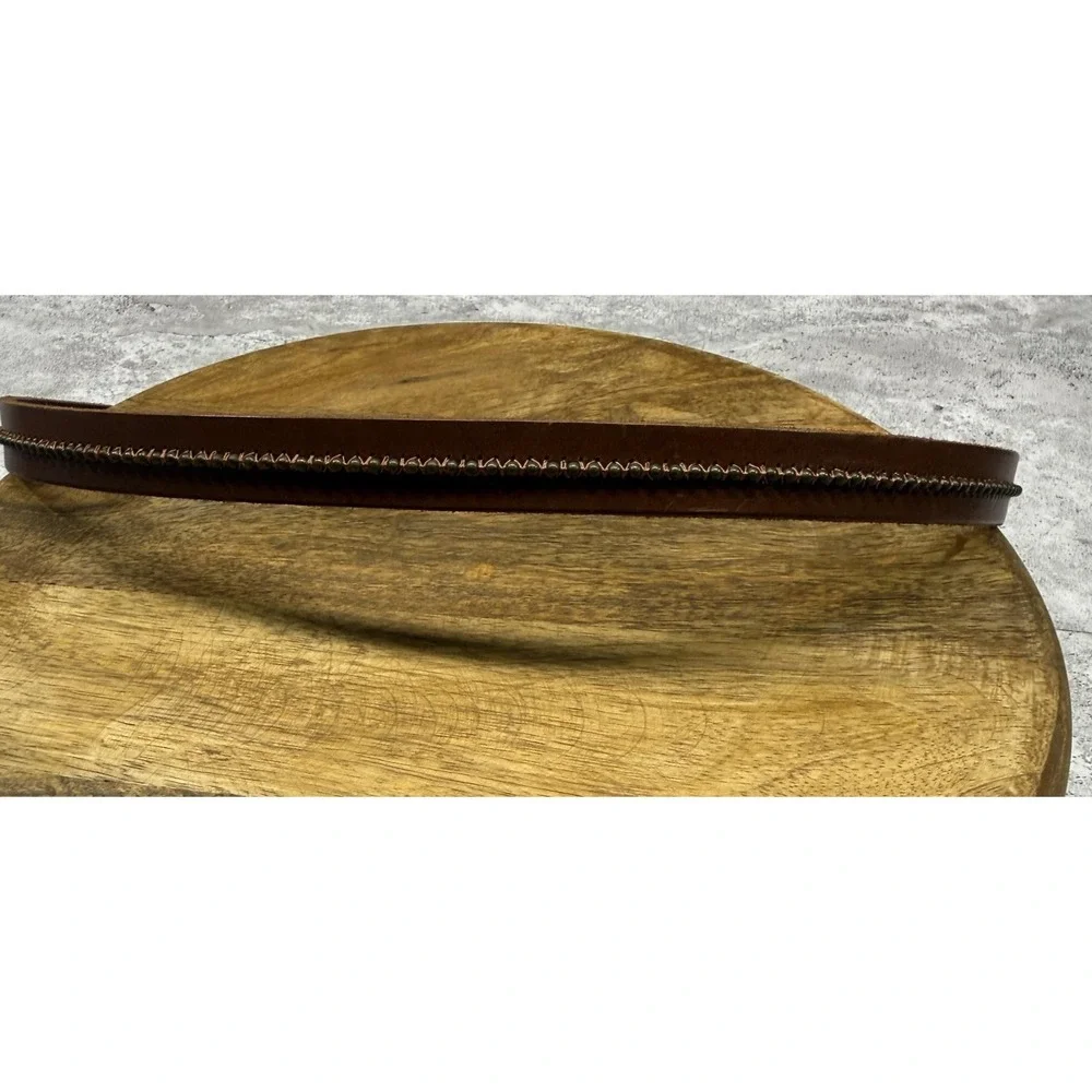 Express Belt Women Small Brown Genuine Leather Zigzag Stitch Buckle Casual 32-34